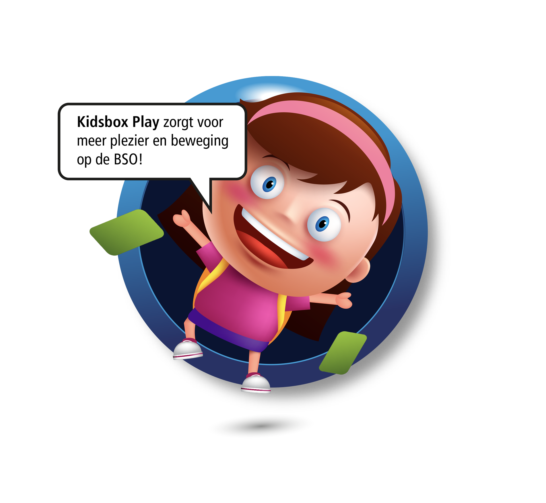 Cheerful cartoon girl inside a blue circle with a speech bubble reading: 'Kidsbox Play zorgt voor meer plezier en beweging op de BSO!'