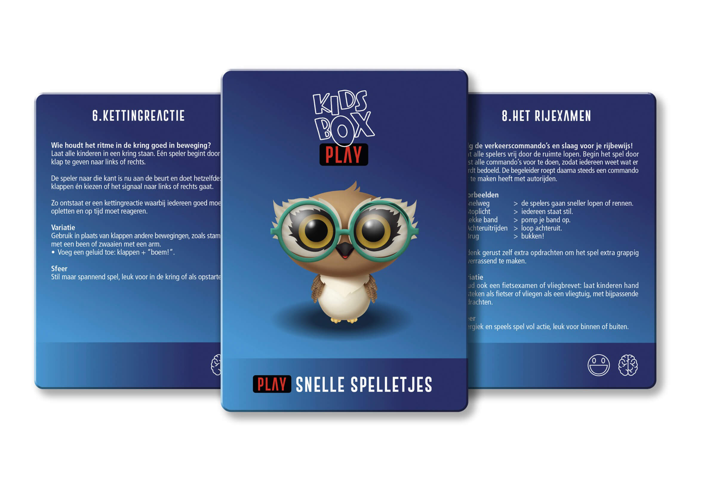 Central blue game card with 'Kids Box Play' title and an owl mascot; flanked by Dutch instruction panels on left and right.