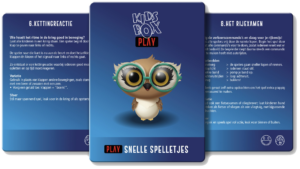 Center screen: cartoon owl with large green glasses beneath a 'Kids Box Play' logo on a blue gradient background.