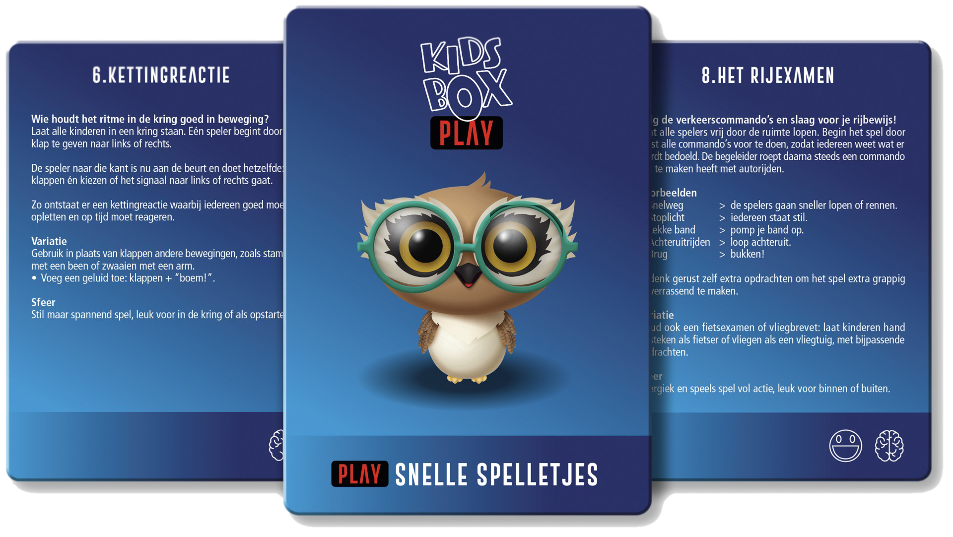 Center screen: cartoon owl with large green glasses beneath a 'Kids Box Play' logo on a blue gradient background.