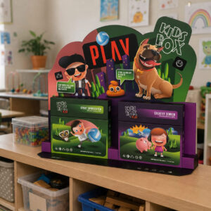 Promotional display of Kids Box Play toy sets on a classroom shelf, featuring colorful cartoon characters and boxes labeled Sport Opdrachten and Creatief Denken in a bright, kid-friendly scene.