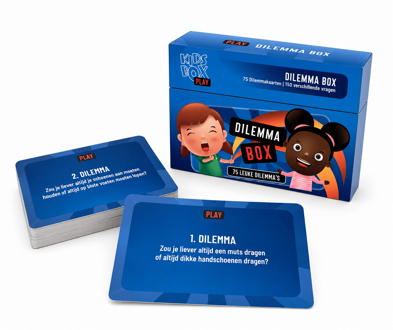Blue Dilemma Box game set with cartoon kids on the box, and two blue card decks fanned out in front showing dilemmas in Dutch: 'Zou je liever altijd een muts dragen of altijd dikke handschoenen dragen?'.