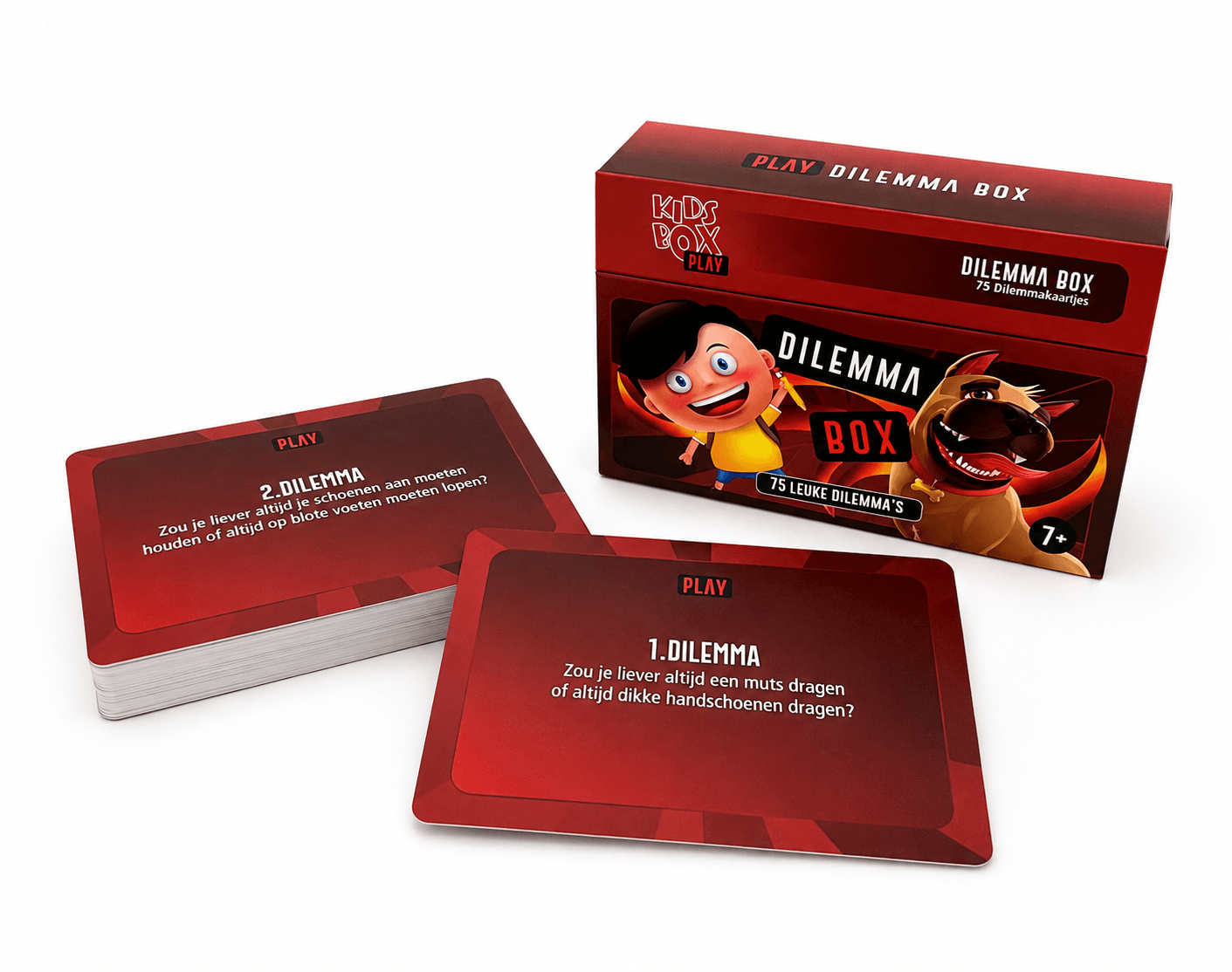 Red Dilemma Box game box with cartoon characters on the cover and two red prompt cards in front on a white surface.