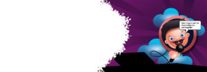 Cheerful cartoon host with a black handheld microphone on a purple burst background, suggesting fast customer support.