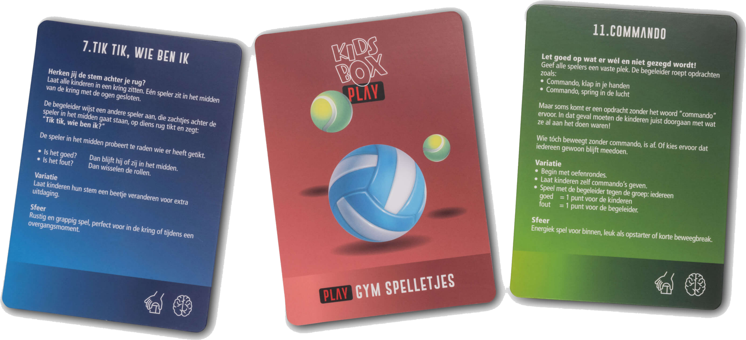 Three curved posters for kids' gym games: blue left card, red center card labeled 'Kids Box Play', green right card.