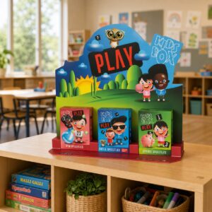 Colorful children's play display in a classroom, with cartoon kids and a large blue 'PLAY' sign and 'KIDS BOX' branding.