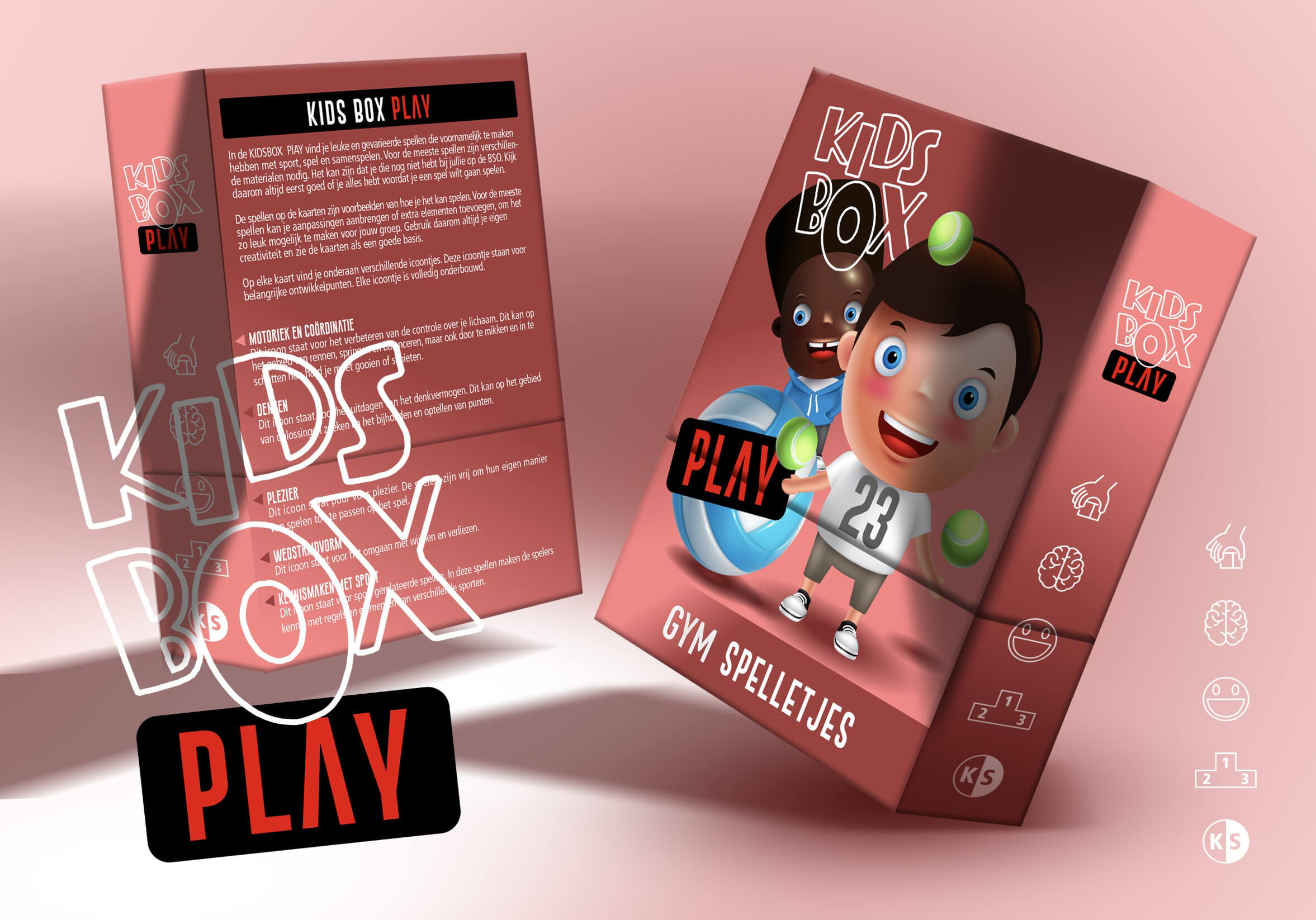 Two pink game boxes with cartoon kids on the front and bold 'KIDS BOX PLAY' branding.