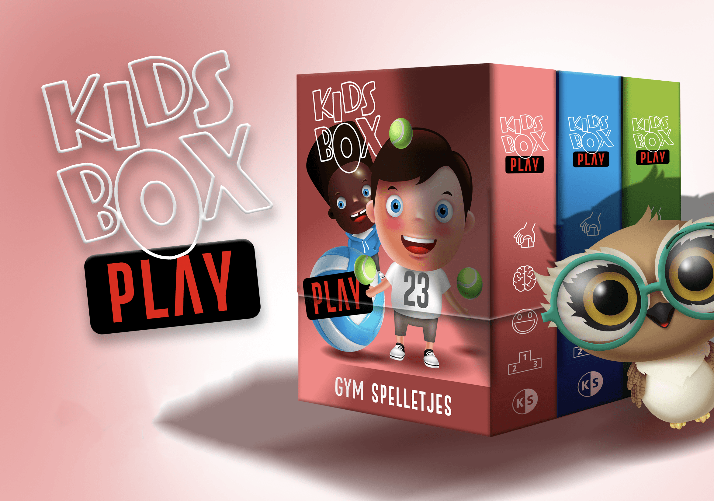 A set of colorful 'Kids Box' play boxes with cartoon characters on a pink background, showcasing the product branding and play modules.