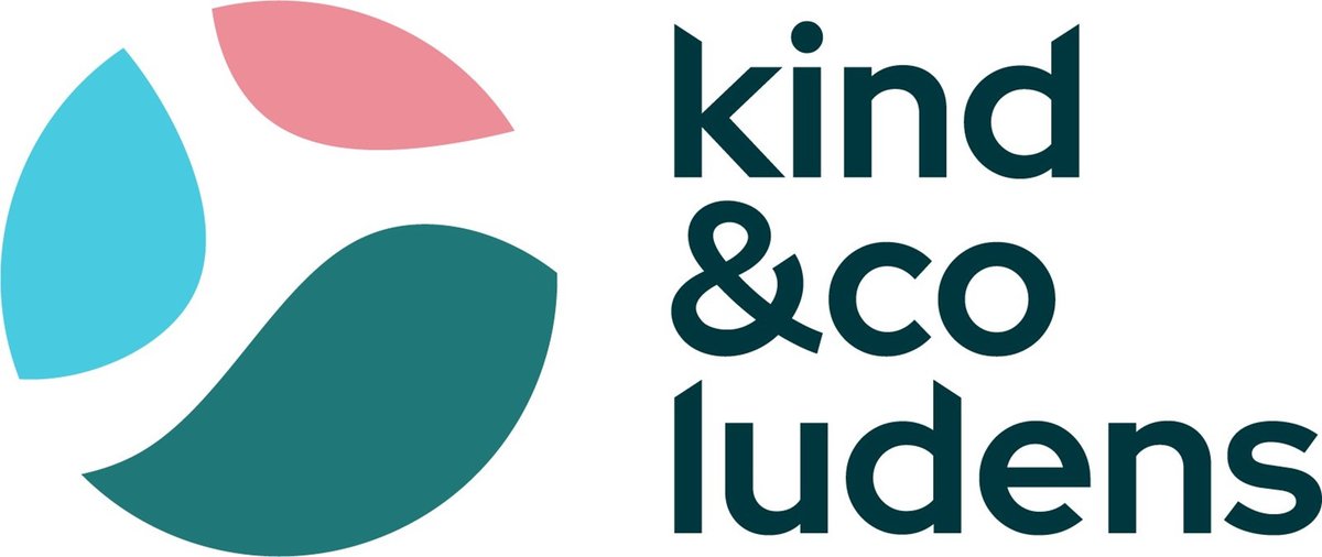 Logo for Kind & Co Ludens featuring teal abstract shapes on the left and the text 'kind & co ludens' on the right.