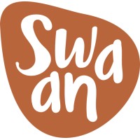 Swan logo: white cursive text on a brown irregular shape.