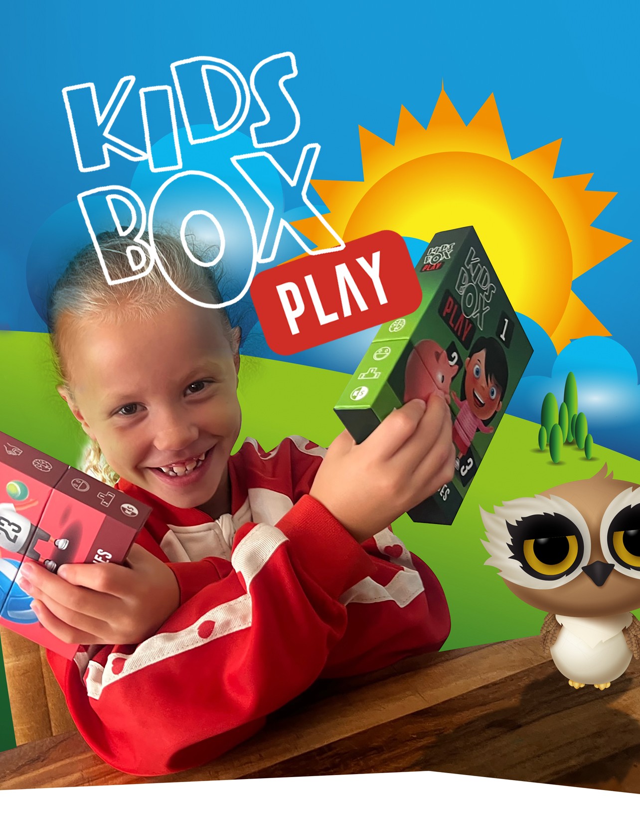 Smiling girl holding two boxed games in a colorful, sunny cartoon background with hills and an owl mascot nearby to suggest kids’ play.