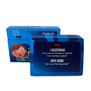 Blue Dilemma Box kids' game packaging, with a cartoon child on the side and Dutch questions on the front card.