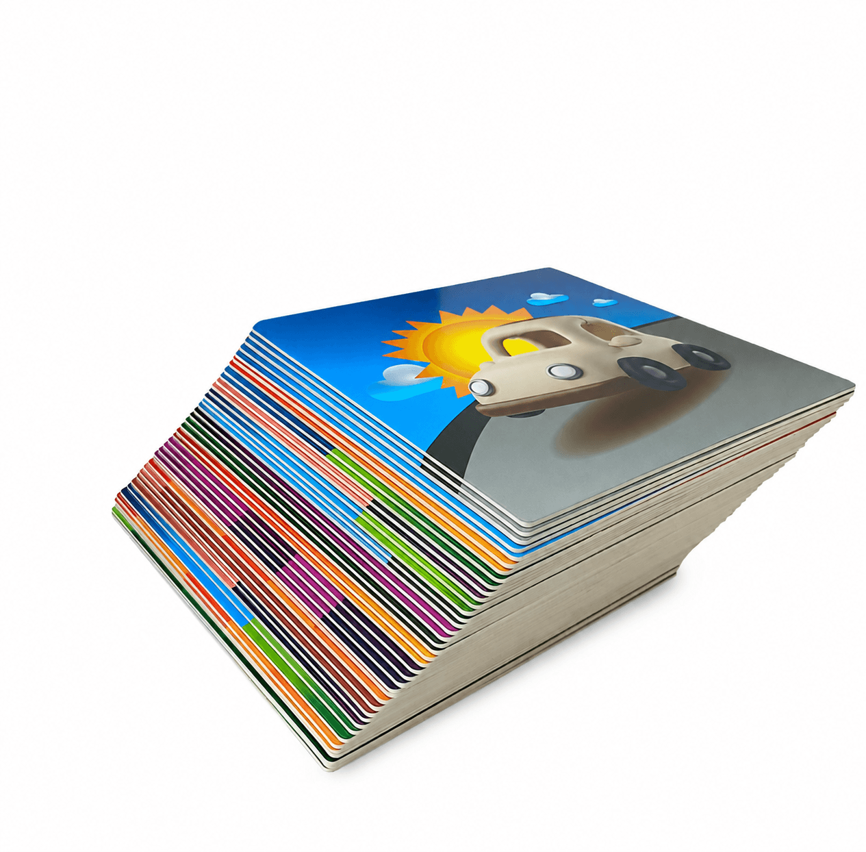 Stack of colorful flashcards fanned out with a top card showing a cartoon car under a bright sun/sky illustration